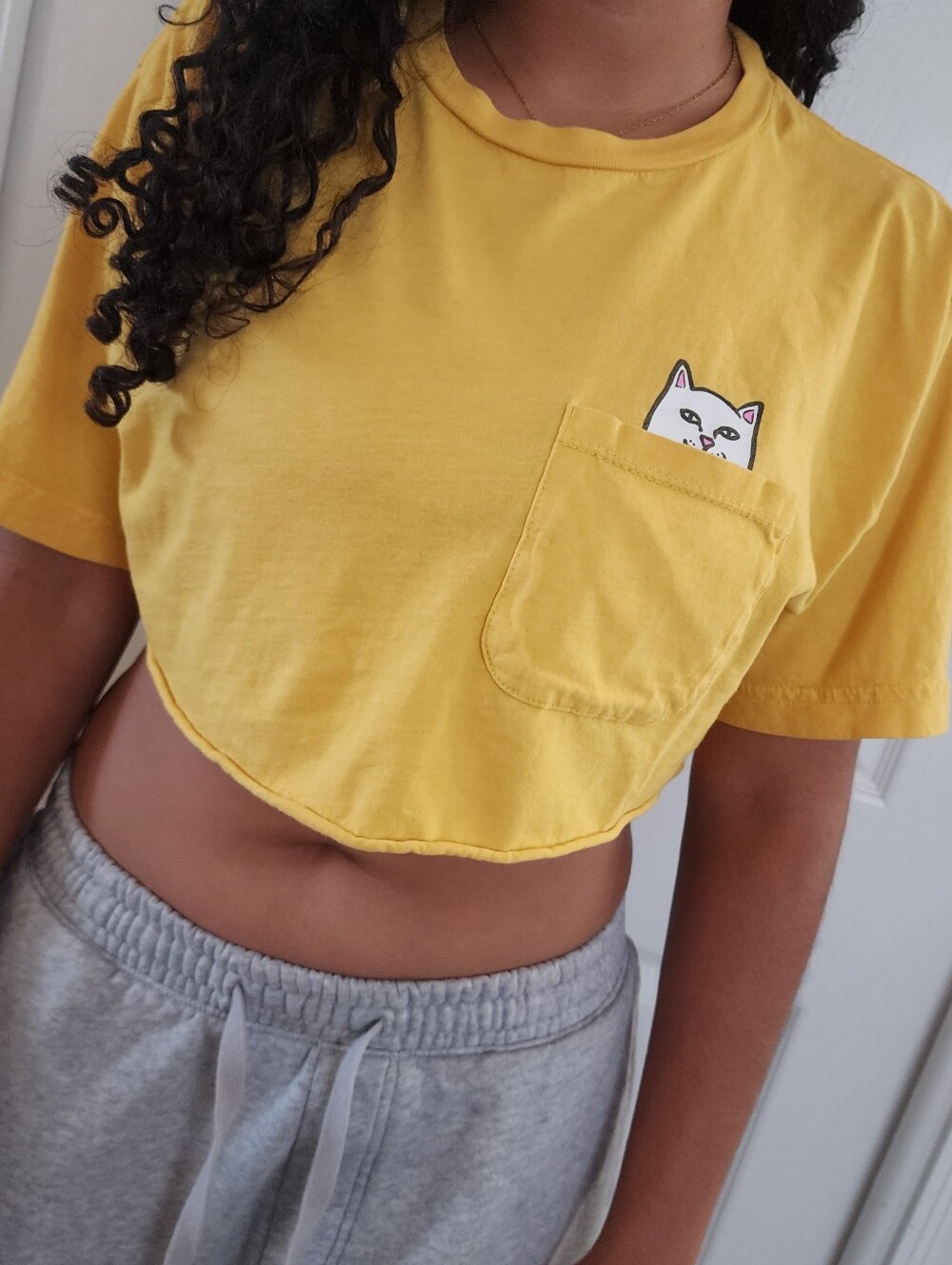 RipNDip Yellow Peeking Nermal Flip Off Cat, Cropped Tee Sz L
